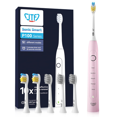 JTF Electric Toothbrush for Adults, Sonic Electric Toothbrush with 6 Brush Heads, 5 Modes with 2 Minutes Built in Smart Timer, One Charge Last 90 Days, Power Rechargeable Toothbrushes, Pink