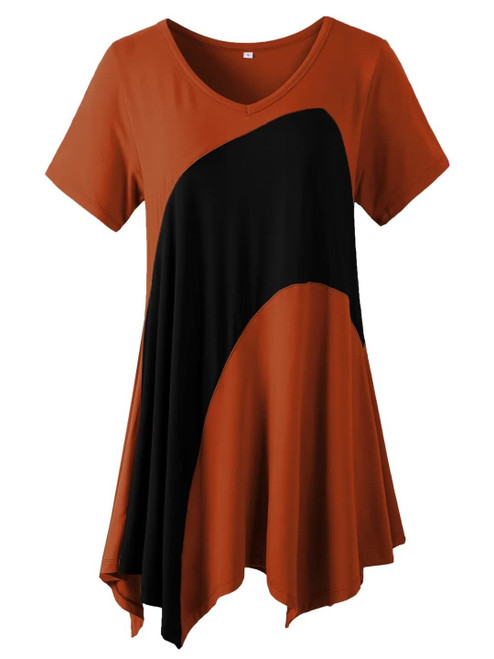 LARACE Plus Size Tops for Women V Neck Summer Shirt Short Sleeve Blouses Patchwork Tunics(DarkOrange/Black,1X)