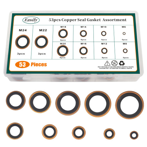 Copper Metric Bonded Seal Dowty Washer, 53 PCS 10 SizesAutomotive Self-Centred Dowty Seal Gasket Assortment, M6/8/10/12/14/16/18/20/22/24