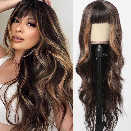 Brown Wigs for Women Long Wavy Wigs With Bangs Blonde Highlights Curly Hair Synthetic Curly Wave Heat Resistant Fiber Wigs For Any Occasion Brown Wigs for Women Long Wavy Wigs With Bangs Blonde Highlights Curly Hair Synthetic Curly Wave Heat Resistant Fiber Wigs For Any Occasion