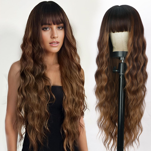 XIXIBI Long Wigs with Bangs Ombre Brown Wigs for Women 30 Inch Brown Mixed Blonde Highlight Wig Synthetic Curly Wavy Heat Resistant Wigs for Daily Party Use XIXIBI Long Wigs with Bangs Ombre Brown Wigs for Women 30 Inch Brown Mixed Blonde Highlight Wig Synthetic Curly Wavy Heat Resistant Wigs for Daily Party Use