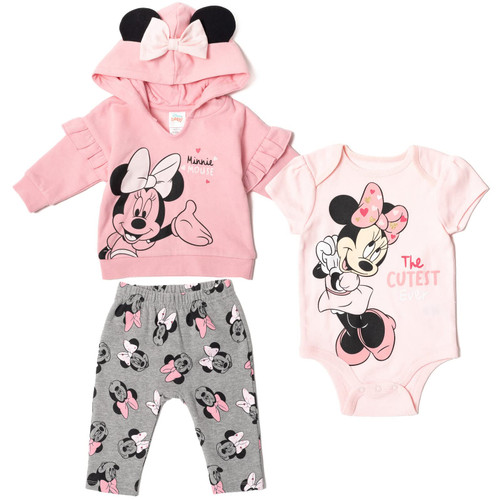 Disney Minnie Mouse Infant Baby Boys or Girls 3 Piece Outfit Set: Pants Bodysuit Hoodie Grey/Pink 3-6 Months