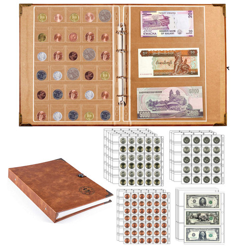 Ettonsun 398-Pocket 4-in-1 Leather Coin & Paper Money Collecting Holder Album,Large Coin Collection Book with 386 Coin Pockets & 12 Currency Pockets,Coin Collection Supplies Book Holder for Collectors