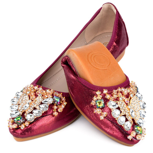 Red Flats Shoes for Women Bow Rhinestone Pointed Toe Wedding Flats - Foldable Ballet Flat Slip on Flats for Women Dress Comfort - Size 8.5