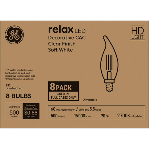 GE Relax LED Light Bulbs, 60 Watt, Decorative Bulbs, Soft White, Clear, Small Base (8 Pack)
