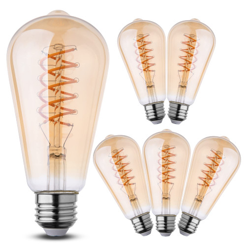 SIJUNSI 6 Pack LED Edison Bulbs, Dimmable ST21(ST64) LED Bulb, 2200K Warm White, E26 Base, 4W(40W Equivalent), 320LM, Amber Glass, Patented Flexible LED Spiral Filament Tech SIJUNSI 6 Pack LED Edison Bulbs, Dimmable ST21(ST64) LED Bulb, 2200K Warm White, E26 Base, 4W(40W Equivalent), 320LM, Amber Glass, Patented Flexible LED Spiral Filament Tech