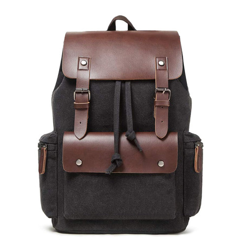 VAZUOOL Vintage Leather Backpack Canvas Laptop Backpack for Men Women, College Daypack Travel Rucksack Knapsack Fits 15.6 Inch Laptop, Black