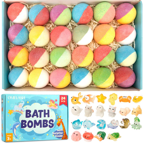 OMELASH Kids Bubble Bath Bombs: 24 Pack Bath Bomb with Surprise Inside - Kids Christmas Bath Bombs Gift Set with Bath Toys for Boys Girls Toddlers - Colorful Bath Fizzy Balls for Chrildren OMELASH Kids Bubble Bath Bombs: 24 Pack Bath Bomb with Surprise Inside - Kids Christmas Bath Bombs Gift Set with Bath Toys for Boys Girls Toddlers - Colorful Bath Fizzy Balls for Chrildren