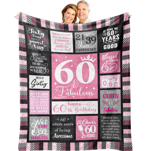 Atokker 60th Birthday Gifts for Women Blanket, 60th Birthday Decorations Women, 60th Birthday Gift Ideas, Happy 60 Birthday Decorations, Gifts for 60 Year Old Women Throw Blanket 60"x50"