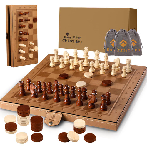 12" Leather Magnetic Chess Set & Checkers Sets?Rinten Portable Travel Chess Board Game Sets with Velvet Bag Packaging - Beginner Large Chess Set for Kids and Adults