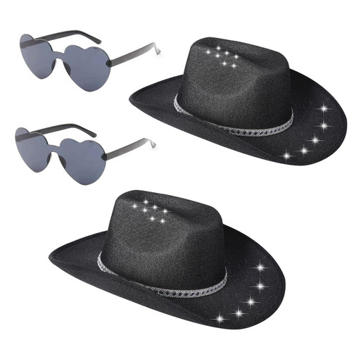 2 Sets Cowboy Hat with Heart Sunglasses Glitter Western Cowgirl Hat for Women Bachelorette Party Costume Hats Black