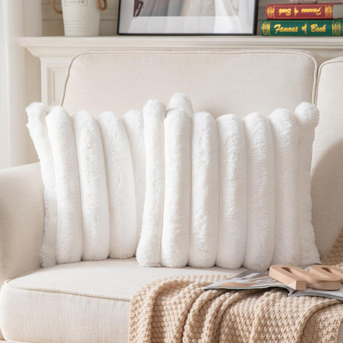 Joyouth Faux Fur Plush Throw Pillow Covers 20x20 Inch Set of 2 - Luxury Decorative Fuzzy Striped Soft Cozy Pillowcase for Couch, Sofa, Living Room - Cream White
