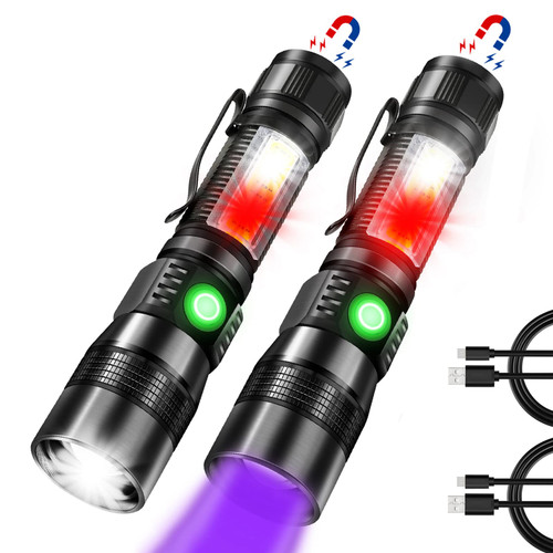 CIWIC Rechargeable UV Flashlight, 3in1 Tactical Flashlight LED UV Black Light with Redlight, 1200 High Lumen Magnetic LED Flashlight with COB Sidelight, 7 Mode, Zoomable, Waterproof for Camping 2Pack