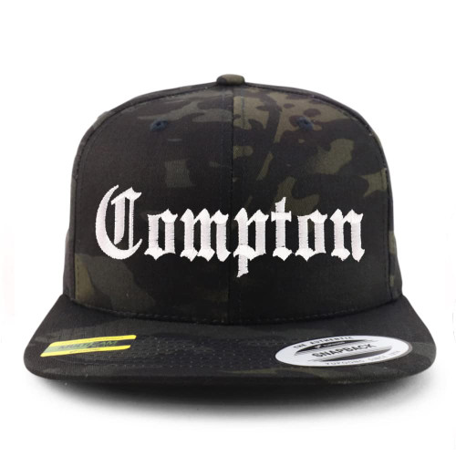 Trendy Apparel Shop Compton City Old English Embroidered Flatbill Snapback Baseball Cap - Multicam Black