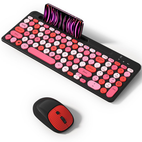 Bluetooth Keyboard and Mouse Wireless,Multi-Device Rechargeable Keyboard and Mouse Combo with Phone Holder BT 5.0+3.0+2.4GHz Quiet Ergonomic Compatible with Mac/Windows/iOS/Android(Black Pink)