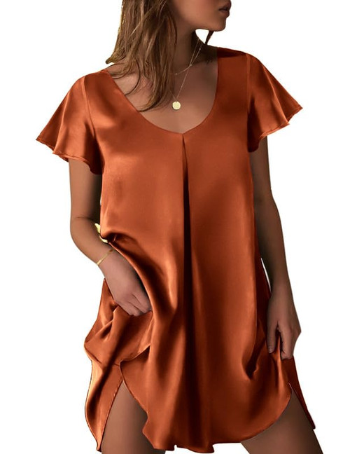Ekouaer Women's Satin Nightgown Silk Sleepwear Short Sleeve Sleep Dress V-Neck Pleated House Dress Caramel L