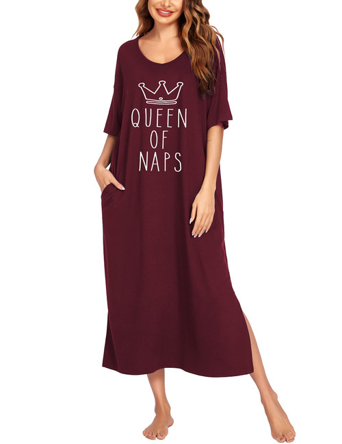 Ekouaer Women Long Nightgown Soft Short Sleeve O Neck Sleepwear Plus Size Night Shirt Nightshirt Wine Red XXXL