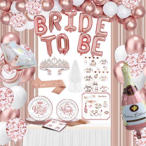 Bachelorette Party Decorations Rose Gold - Bridal Shower Decorations Kit, Bachelorette Party Supplies, Bachelorette Gift, Bachelorette Sash, Tiara, Curtain, Photo Booth Props, Balloons and Tableware