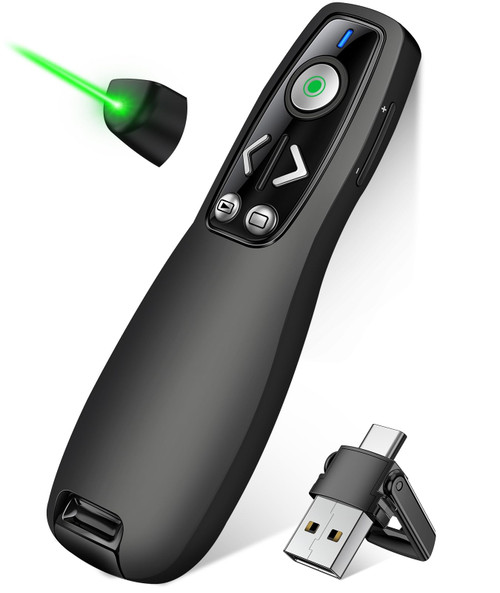 2-in-1 USB Type C Presentation Clicker Wireless Presenter Remote with Green Light for PowerPoint, Powerpoint Clicker with Volume Control PowerPoint Slide Advancer for Mac, Computer, Laptop