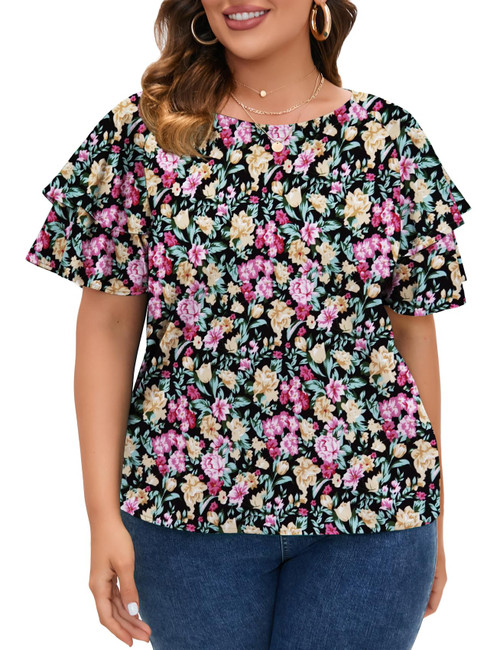 ZOMVA Women's 2023 Plus Size Satin Blouse Short Ruffle Sleeves Silk Top Dressy Shirt Office Elegant, Black Floral, 1X