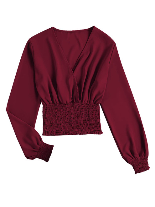 LYANER Women's V Neck Shirred Plain Long Sleeve Frill Crop Shirt Blouse Tops Red Small LYANER Women's V Neck Shirred Plain Long Sleeve Frill Crop Shirt Blouse Tops Red Small