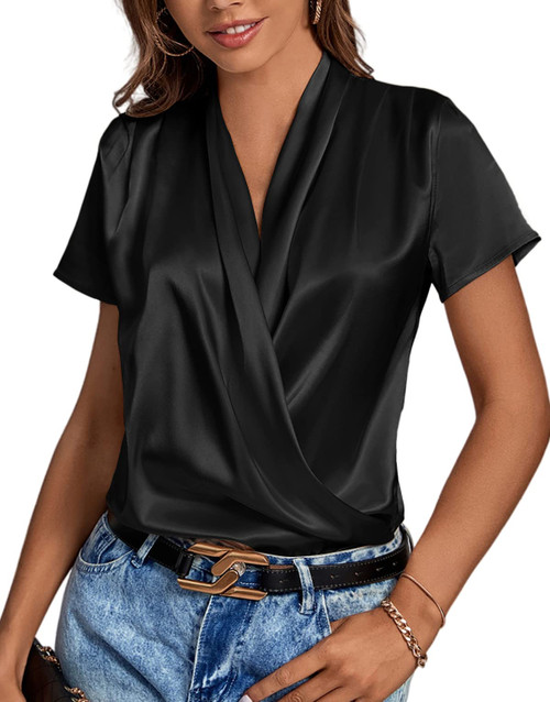 LYANER Women's Satin Silk Wrap V Neck Draped Short Sleeve Elegant Office Blouse Top Black Medium