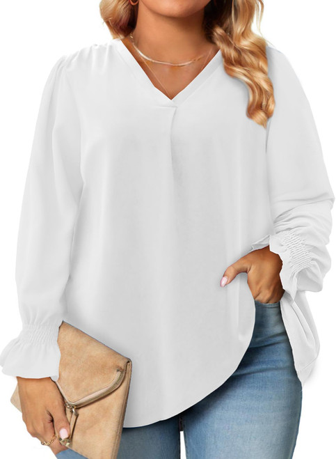 Eytino Women Plus Size Tops Casual V Neck Smocked Long Sleeve Chiffon Blouses Loose Tunic Shirts,1X White