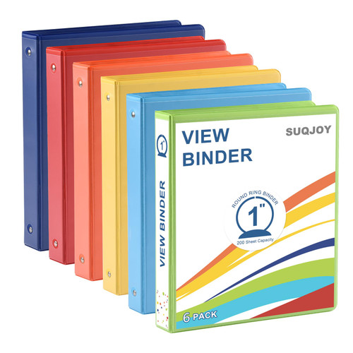 SUQJOY 1 inch 3-Ring Binder, 1" Round Ring Binder with 2 Inside Pockets, Clear View Cover Binder Holds 8.5'' x 11''Paper for Office/Home/Back to School, 6 Pack (Assorted 6 Colors)