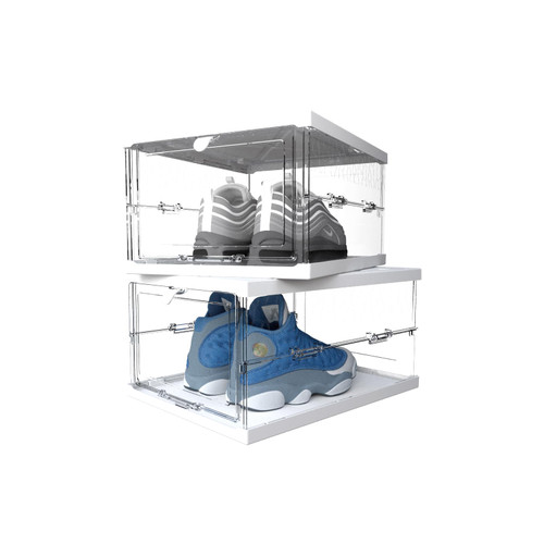 BomSaluka 2 Pack Shoe Storage Boxes Stackable, Clear & Large Shoe Organizer,Easy Assembly Shoe Display Case,Space Saving Foldable Shoe Holders, Shoe Container Rack Sneaker Bins