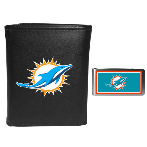 Siskiyou Sports NFL Miami Dolphins Mens Tri-fold Wallet & Color Money Clip, Black, One Size