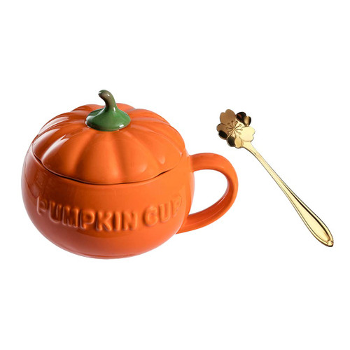 Pumpkin Mug Ceramic Pumpkin Mug Glossy Handle Coffee Cup Water Drinking Cups Tea Milk Juice Tumblers with Lid And Sppon For Halloween Thanksgiving Birthday Party Present 300ml