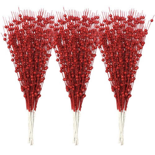30-Pack Christmas Picks and Sprays Red Artificial Glitter Berry Stems Branches Twigs Sticks Sprigs Christmas Tree Decorations, Ornaments for Garland, Wreath, Flowers and Tree Topper