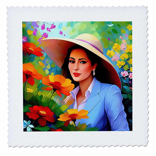 3dRose Elegant Beauty in Large Straw hat in The Garden. Red, Yellow... - Quilt Squares (qs-379101-6)