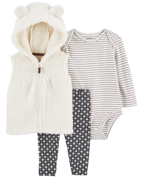 Carter's Baby Girls' 3 Piece Vest Little Jacket Set, White Sherpa, 6 Months