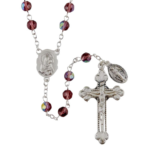 Prague Sacred Heart Amethyst Fire-Polished Glass Beads Rosary with Crucifix Center, Rosaries Catholic for Women and Men, Beaded Prayer Necklace Religious Jewelry Gift, 22 Inches