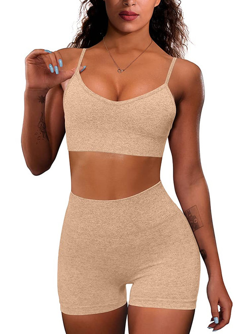 OQQ Yoga Outfit for Women Seamless 2 Piece Workout Gym High Waist Leggings with Sport Bra Set Khaki