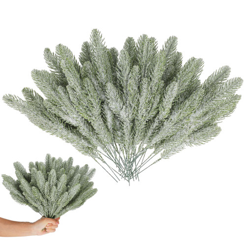 Hotop 60 Pcs Snowy Pine Tree Picks Artificial Pine Needles Branches Winter Fake Flocked Pine Branches Christmas Greenery Sprays for Crafts Wreath Garlands Garden Decoration Arrangement
