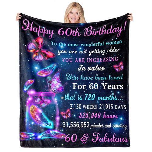 60th Birthday Gifts for Women Blanket, 60th Birthday Gift Ideas for Women, Happy 60 Birthday Gifts for Women Turning 60, 60th Birthday Decorations Butterfly Throw Blanket for 60 Year Old Woman 60"x50"