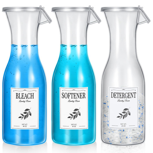 Layhit 40oz Laundry Detergent Dispenser Bottle with Waterproof Label Laundry Soap Dispenser Fabric Softener Container PET Scent Booster Beads Bottle for Laundry Room Organization, 3 Pack