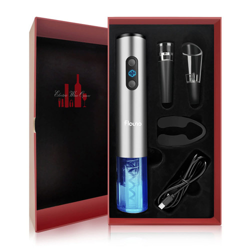 Flauno Electric Wine Opener Rechargeable - Automatic Wine Bottle Opener, Electric Corkscrew Wine Opener with Foil Cutter, Vacuum Wine Stopper, Wine Aerator Pourer, Gift Set for Wine Lovers