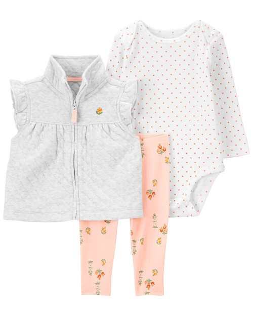Carter's Baby Girls' 3 Piece Vest Little Jacket Set, Quilted White/Pink, 3 Months