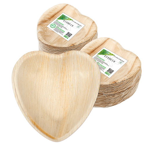 ECODECO 50 Heart Shaped Palm Leaf Disposable Plates - 6.5 Inch - Compostable Eco Friendly Party Supplies for Cake Dessert