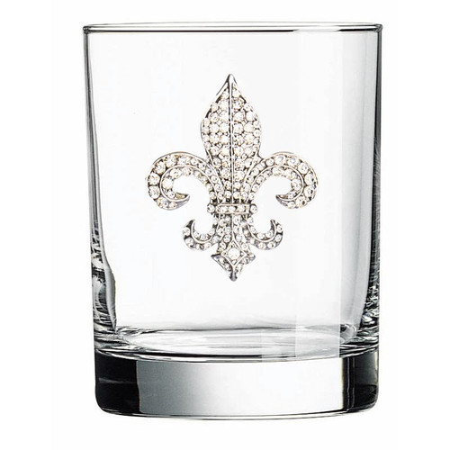 THE QUEENS' JEWELS Diamond Fleur de Lis Jeweled Double Old Fashioned, 14 oz. - Unique Gift for Women, Birthday, Cute, Fun, Cocktail, Not Painted, Decorated, Bling, Bedazzled, Rhinestone