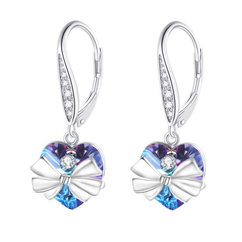 YEESIA Heart Earrings 925 Sterling Silver Bow Earrings Crystal Leverback Amethyst Dangle Earrings Crystal Heart Shaped Jewelry for Women Girls Sister Daughter Wedding Thanksgiving Christmas