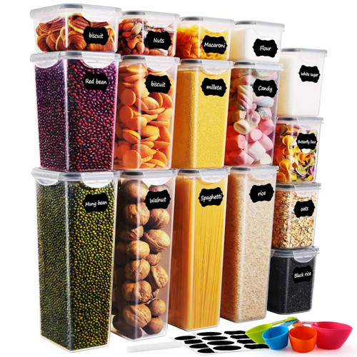 16 Pack Airtight Food Storage Containers Set-Kitchen and Pantry Organization, BPA-Free Plastic Containers with Lids for Dry Food, Cereal, Flour & Sugar, Include Labels, Marker & Spoon Set