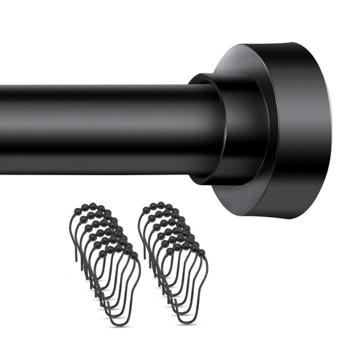 YNL Shower Curtain Rod 34-82 Inches with 12Pcs Shower Curtain Rings, Adjustable Black Shower Rod No Drilling, Non-Slip, Never Rust, Stainless Steel, Suitable for Bathroom Window Kitchen, Matte Black