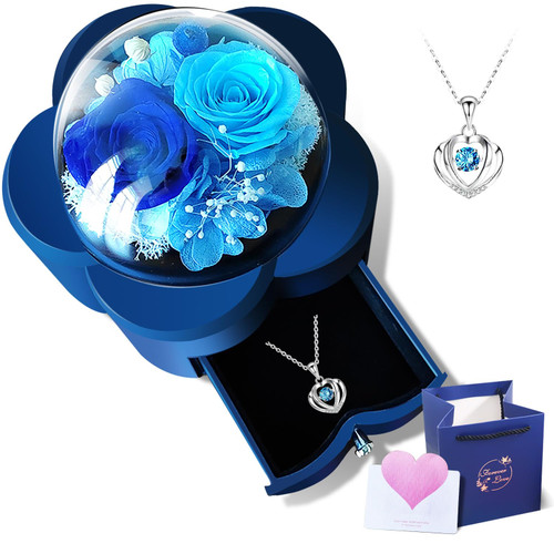 Preserved Real Rose: Preserved Flowers with Necklace and Perfect Eternal Flowers Rose Gifts for Mom Girlfriend for Mother's Day, Valentine's, Anniversary,Thanksgiving, or Christmas(Blue Rose)