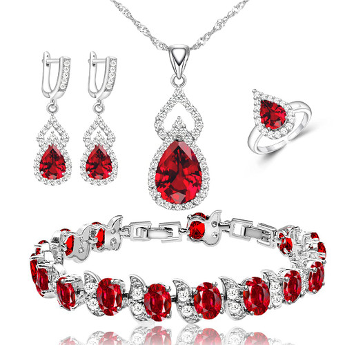 LMXXVJ Women's Jewelry Sets - Platinum Plated Earring and Necklace Set Open Ring Bracelet - Red Cubic Zirconia Jewelry Gifts for Mom/Wife/Sister/Best Friend LMXXVJ Women's Jewelry Sets - Platinum Plated Earring and Necklace Set Open Ring Bracelet - Red Cubic Zirconia Jewelry Gifts for Mom/Wife/Sister/Best Friend