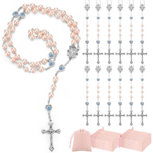 Tondiamo 12 Packs Pearl Rosary Beads Catholic for Women 8mm Glass Pearl Beads Catholic Necklace Rosary Bulk First Communion Rosary Bulk with Velour Gift Pouch for Baptism Favors Catholic (Pink)