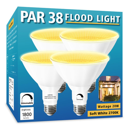 LOXYEE PAR38 LED Outdoor Flood Light Bulbs 4 Pack?Dimmable 20W(200W Equivalent) E26 Base Flood Light Bulbs,2700K Soft White 1800 Lumens LED Flood Light for Outdoor Garden,Garage,Yards LOXYEE PAR38 LED Outdoor Flood Light Bulbs 4 Pack?Dimmable 20W(200W Equivalent) E26 Base Flood Light Bulbs,2700K Soft White 1800 Lumens LED Flood Light for Outdoor Garden,Garage,Yards